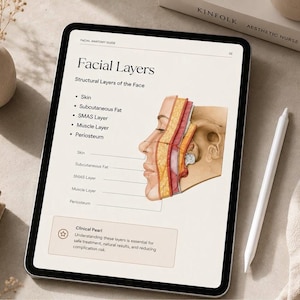 May include: A digital tablet displays a facial anatomy guide with the title "Facial Layers." The illustration shows a cross-section of the face, highlighting skin, fat, and muscle layers. A white stylus rests beside the tablet.