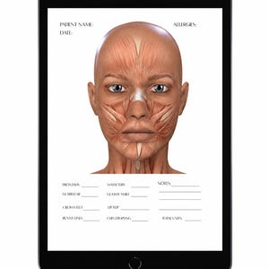 Puede incluir: Una tableta digital que muestra un formulario médico con una ilustración anatómica de los músculos faciales humanos. El formulario incluye campos para el nombre del paciente, fecha, alergias y áreas de tratamiento específicas.