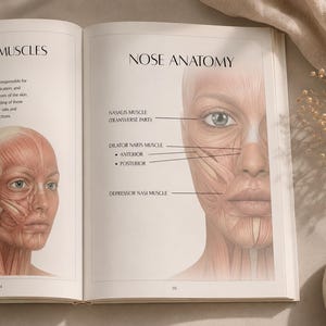 May include: An open educational book page titled NOSE ANATOMY featuring a detailed anatomical illustration of facial muscles. The text labels include Nasalis Muscle, Dilator Naris Muscle, and Depressor Nasi Muscle with lines pointing to specific areas.