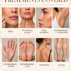 May include: An informational chart titled TREATMENTS COVERED featuring eight panels showing body areas: DAO, platysmal bands, nose slimming, underarm hyperhidrosis, hand hyperhidrosis, foot hyperhidrosis, trapezius, and calves with descriptive text.