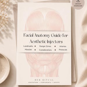 May include: Aesthetic guide titled "Facial Anatomy Guide for Aesthetic Injectors" with a detailed anatomical illustration. The cover features text about landmarks, danger zones, arteries, muscles, considerations, and protocols. The words "Instant Download" are also visible.