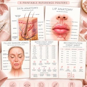 May include: A set of five printable reference posters titled What's Included, featuring Skin Anatomy, Lip Anatomy, Filler Danger Zones, Botox Cheat Sheet, and Reconstitution Cheat Sheet with detailed medical diagrams, charts, and text in a soft pink color palette.