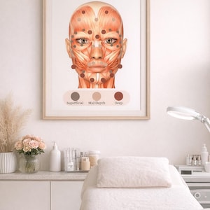 May include: A framed anatomical illustration labeled "Neurotoxin Injection Depth" depicts a detailed rendering of a human face, highlighting muscle structures and injection points. The image includes color-coded depth indicators: Superficial, Mid Depth, and Deep.