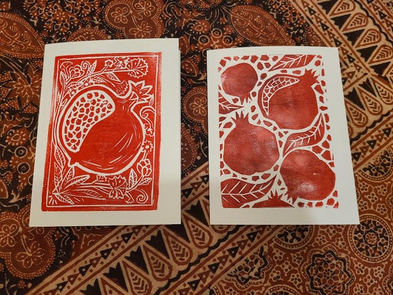 Pack of 4 hand-printed Mixed Pomegranate Linocut Blank Cards