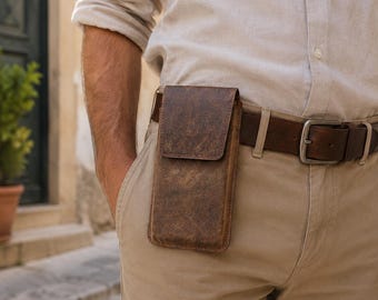 Deary leren heuptasje voor telefoon, vintage bruine holster, echt leren heuptasje voor heren