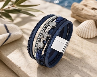 Boho leren wikkelarmband met oceaanbedeltje, magnetische sluiting, handgemaakte sieraden, strandcadeau voor haar