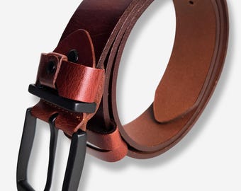 Deary Leather herenriem van echt leer, rijk kastanjebruin, matzwarte gesp, vintage casual