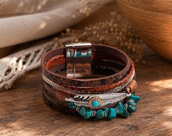 Deary Leather Boho Wrap Bracelet, Feather Charm Jewelry, Magnetic Clasp Gift for Her