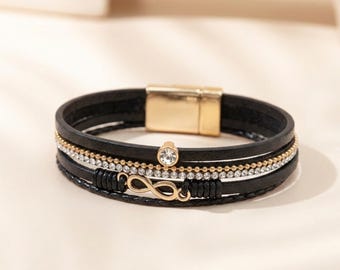 Deary Leather handgemaakte leren oneindigheidsarmband, kristallen bedel, magnetische sluiting