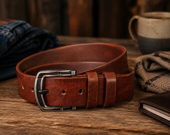 Deary Leather herenriem van echt leer, vintage bruin, verweerde afwerking, moderne tweekleurige metalen gesp