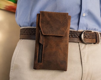 Deary Leather Vintage Telefoontasje voor Heren, Echt Lederen Heupholster, Ritsvak