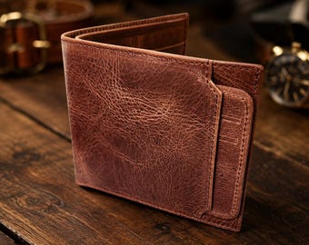 Handgemaakte herenportemonnee van echt leer, slank model met dubbele vouw, kaarthouder, gepersonaliseerd cadeau, vintage leren portemonnee
