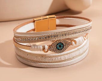 Deary leren wikkelarmband boze oog, kristallen bedelsieraden, bohocadeau voor haar