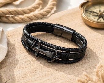Deary Leather handgemaakte zwarte leren ankerarmband, nautisch geïnspireerde sieraden, ontwerp met magnetische sluiting