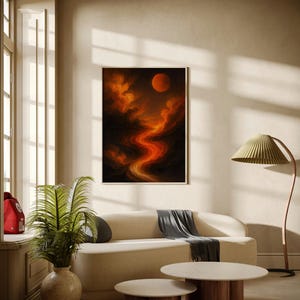 May include: An abstract painting depicts a fiery landscape with a red sun and flowing, orange clouds. The artwork is framed and hangs above a cream-colored sofa with a gray throw. A floor lamp with a pleated shade and two round coffee tables complete the room.