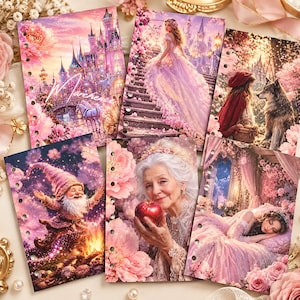 Könnte beinhalten: Ein Set aus sechs rechteckigen Planereinlagen mit lebendigen Fantasy-Illustrationen in Rosa- und Violetttönen. Die Motive zeigen ein Schloss, eine Prinzessin auf einer Treppe, ein Mädchen mit einem Wolf, einen Gnom, eine ältere Person mit einem Apfel und eine schlafende Figur.