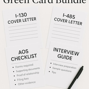 May include: A bundle of white documents for a marriage-based green card application. Includes I-130 and I-485 cover letters, an AOS checklist, and an interview guide. A black pen rests on the documents.