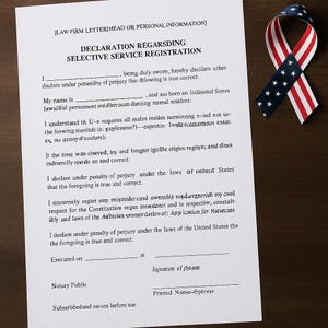 May include: A document titled "DECLARATION REGARDING SELECTIVE SERVICE REGISTRATION" with text and blank lines for filling in information. A red, white, and blue ribbon with stars is in the upper right corner.