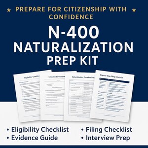 May include: A navy blue graphic with white text that reads "PREPARE FOR CITIZENSHIP WITH CONFIDENCE" and "N-400 NATURALIZATION PREP KIT." Below are four checklists: Eligibility, Selective Service, Naturalization, and Filing. The bottom lists "Eligibility Checklist, Evidence Guide, Filing Checklist, Interview Prep."