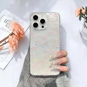 Kawaii Bow Pink Kitty Phone Case with Holder – Laser Y2K Cover for iPhone 16 15 14 13 12 11 Pro Max Plus Mini