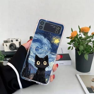 Artistic Starry Night Black Cat Case – For Samsung Galaxy Z Flip6 / Z Flip5 / Z Flip4 / Z Flip3