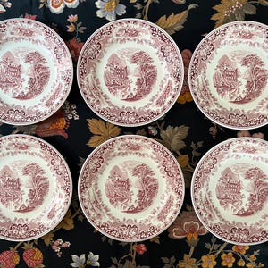 Vintage/Antik Old England (Cambridge) Djup Bourgogne/Plommonfärgade Frukost-/Desserttallrikar - Set om 6