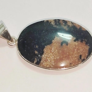May include: Oval pendant with a polished stone featuring a mix of black and tan colors. The stone is set in a silver-colored metal frame with a loop for a chain.