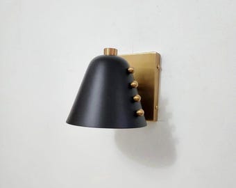Handcrafted Brass Wall Sconce - Matte Black Cone Shade, Mid-Century Lighting