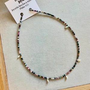Green tourmaline necklace • Pink tourmalines • Tourmaline and pearl necklace • Natural stones • Handmade jewelry • Gift for women