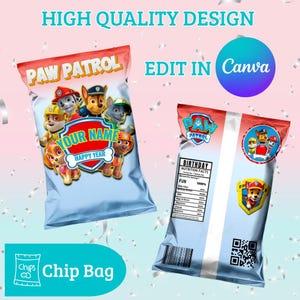 Paw Patrol Chip Bag Template Editable in Canva | Puppy Party Favor Bag | Printable Snack Bag | Instant Download Birthday Decor