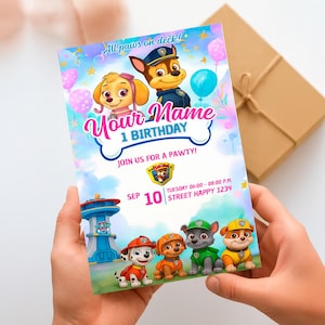 Paw Patrol Birthday Invitation Template, Puppy Skye Paw Party Invitation Template,Skye Paw Patrol 1st Birthday Invitation Template
