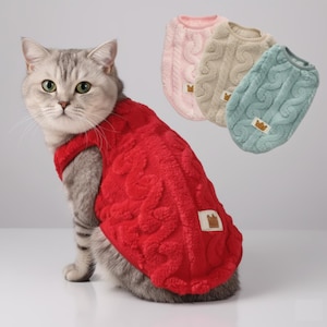 May include: A gray cat wearing a red, textured sweater with a crown patch. Three additional sweaters in pink, beige, and teal are displayed in the background. The sweaters have a cable knit design.