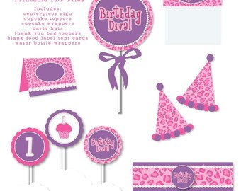 INSTANT DOWNLOAD First Birthday Diva Purple Pink Leopard Pearls Printable Birthday Party Digital Files
