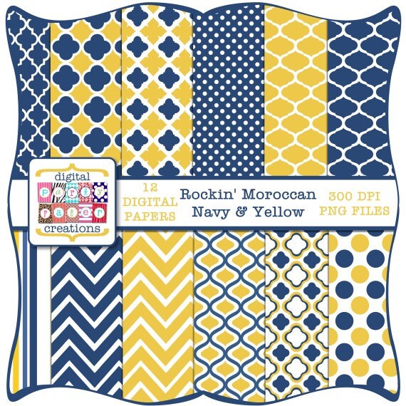 Download Digital Paper Pack Navy Yellow Moroccan Quatrefoil Ogee Dots Digital Scrapbook Paper Instant Download By Party Paper Creations Catch My Party Yellowimages Mockups