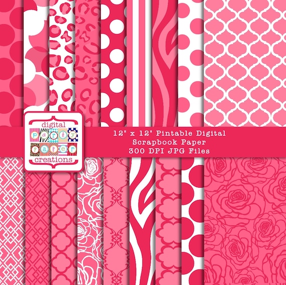 Digital Paper Pack - Pink Red Animal Print, Quatrefoil, Dots, Stripes, Floral INSTANT DOWNLOAD Il_570xn