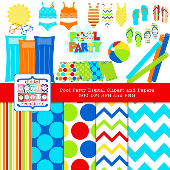 Pool Toys Swimsuit Summer Clipart - Digital Paper Pack and Digital Graphic Art - INSTANT DOWNLOAD Il_570xn