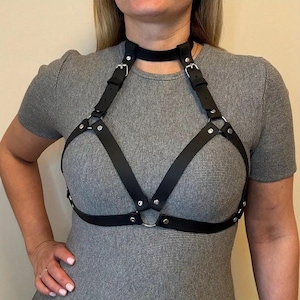 Gothic Leather Harness Bra – Adjustable Body Chest Strap Cage, Punk Rock Festival Outfit, Bondage Inspired Lingerie , hot girl accessories