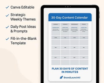 KI-betriebener 30-Tage-Inhaltskalender | Canva Bearbeitbar | Content Planer für Unternehmer | Social Media Strategie | Digitaler Download
