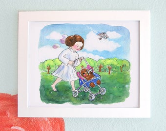 Princess Leia & Baby Chewbacca Watercolor Art Print, Star Wars Nursery (Digital Download)