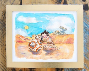 Aquarel Star Wars kinderkamerkunst, Rey en BB-8 print (digitale download)