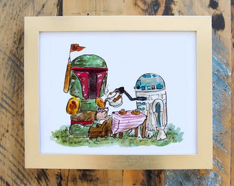 Star Wars Baby Nursery Art "Boba Fett and R2-D2 at Tea" Star Wars Art Print, Boba Fett Art Print, R2D2 Art Print- LSSW009