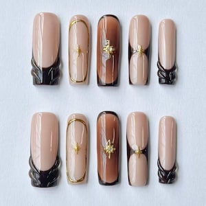 Press On Nails in Neutral Tones with Brown Accents, Long Square Shape, Featuring Gold Line Art.Ideal for Elevated Everyday Style