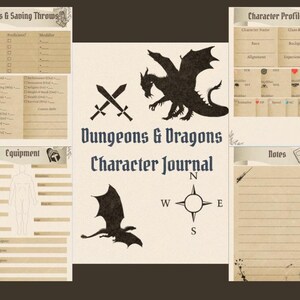 Puede incluir: Un diario de personaje de Dungeons & Dragons beige con secciones para habilidades, equipo y notas. La portada presenta una silueta de dragón, espadas cruzadas y el título "Dungeons & Dragons Character Journal". También se incluye una rosa de los vientos.