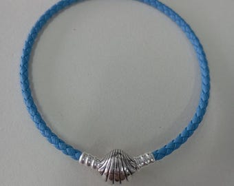 S925 Ale turkooisblauwe leren Pandora Moments Seashell-armband 
