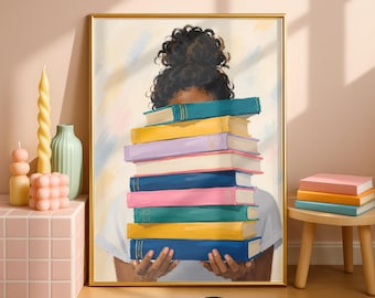 African Girl Holding Books Wall Art, Black Female Reader Illustration, Library Wall Decor, Bookish Gift, Book Lover