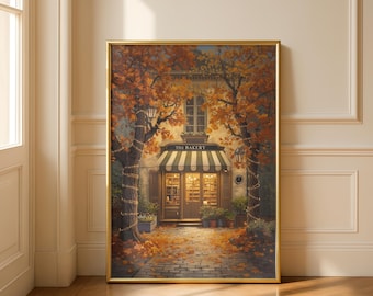 Impressão de outono de uma padaria francesa, arte aconchegante para uma noite tranquila, arte de parede outonal (download digital)