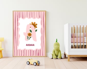 Impresión floral con nombre inicial: Decoración rosa personalizada para habitación infantil (descarga digital)