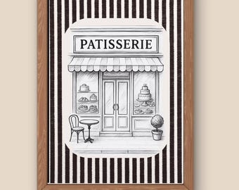 Parisian French Bakery, Vintage Patisserie Poster, French Bakery Illustration, Black & Cream Stripes (Digital Download)