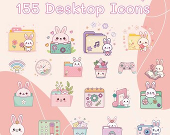 May include: A collection of 155 desktop icons featuring flowers and bunnies. The icons include folders, a rainbow, a clock, a dessert, a game controller, a book, a calendar, a musical note, a camera, and a trash can. The color palette is soft pink and pastel.
