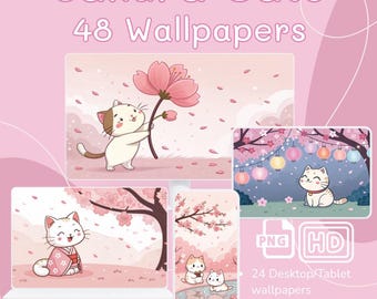 Sakura Cats Wallpapers: Kawaii Pastel Desktop & Mobile Backgrounds (Digital Download)